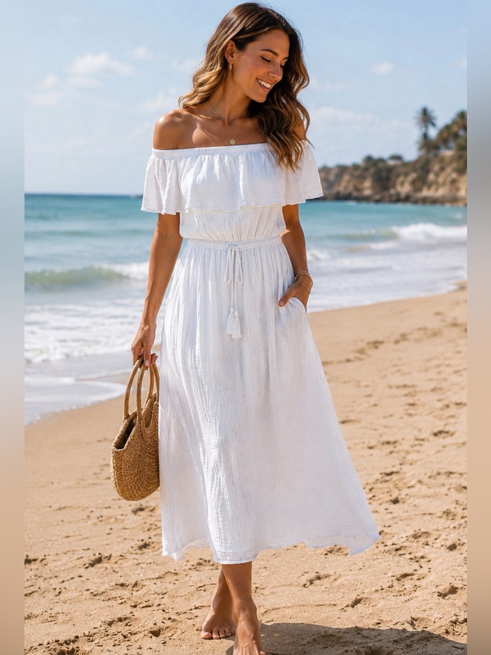 Gilli White Off Shoulder Gauze Maxi Dress Tassel Tie Pockets Boho Size Small NWT
